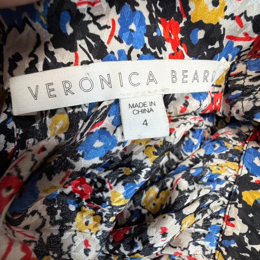 Veronica Beard Mena Ditsy Floral Silk Blouse Womens 4 Tie Back High Neck Stretch - Picture 6 of 9
